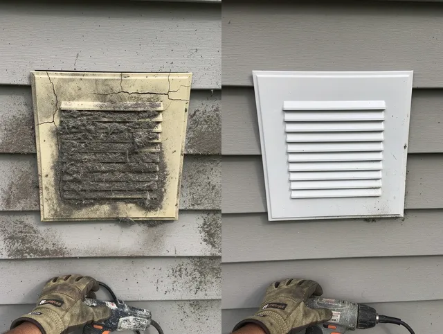 Wallingford Dryer Vent Cleaning technician installing high-quality dryer vent cover at a residential property in Wallingford