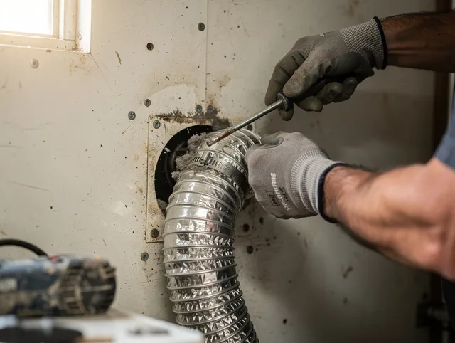 Wallingford Dryer Vent Cleaning technician performing precise dryer vent hose installation in Wallingford